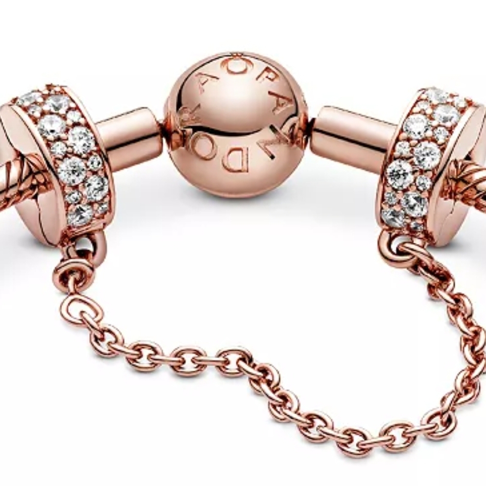 Pandora Rose Gold Clear Pave Safety Chain With Clip Charm  Bracelet Not Incl.